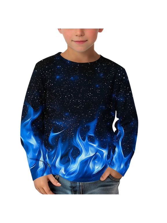 Boys Fashion Cool Flame Print Pullover Long Sleeve Crewneck Layering Top,Blue,11 Years