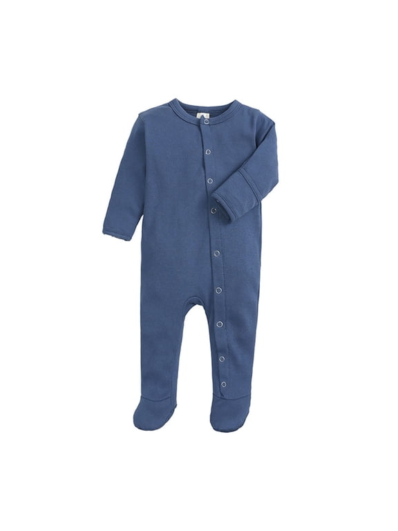 Boys Girls Cotton One Piece Romper Long Sleeve Footed Jumpsuit Button Up Pajamas with Mitten Cuffs,Blue,6 Months