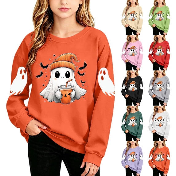 YUANxueke Boys & Girls Long Sleeve Sweatshirt Fashion Cute Ghost Print Crewneck Pullover Tops,Orange,2-3 Years