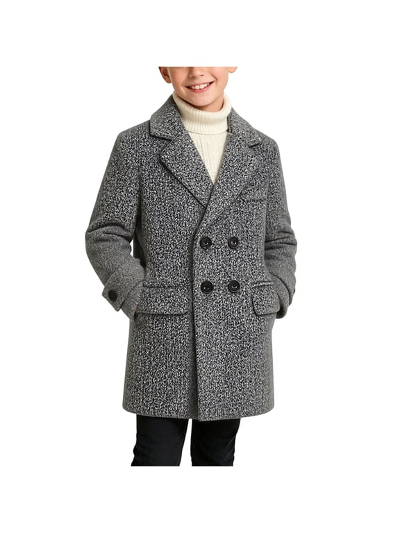 Boys Thick Mid Length Trench Coat Notch Lapel Double Breasted Jackets Casual Warm Fall Winter Classic Peacoat,Gray,1-2Years