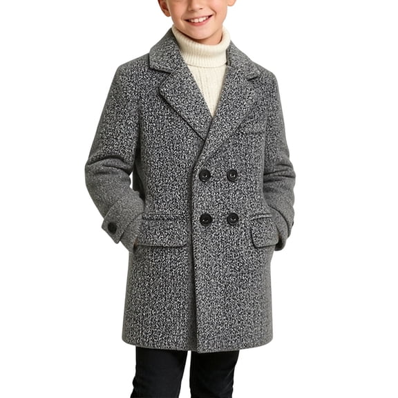 YUANxueke Boys Thick Mid Length Trench Coat Notch Lapel Double Breasted Jackets Casual Warm Fall Winter Classic Peacoat,Gray,12-13Years