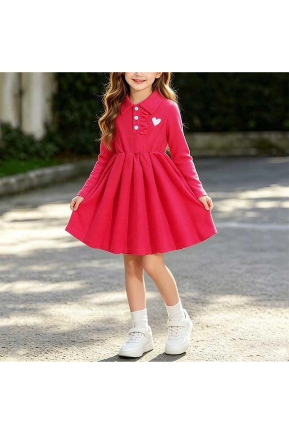 Button Collared Shirt Dress for Girls Long Sleeve Heart Embroidery Babydoll Pleated Dress Casual School Dresses,Hot Pink,2-3 Years