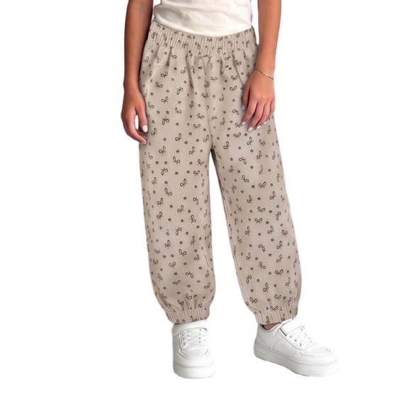 YUANxueke Corduroy Pants for Girls, Bowknot Print Elastic Waist Joggers, Casual Cute Tapered Leg Pants