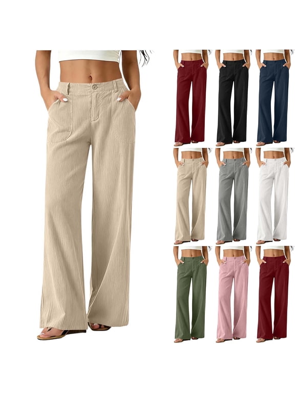 Corduroy Straight Leg Pants for Women High Waist Fashion Loose Fit Fall Trousers with Pockets