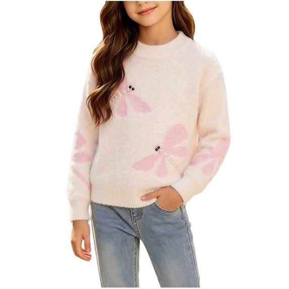 YUANxueke Crew Neck Knit Sweater for Girls, Dragonfly Pearl Embellished Long Sleeve Pullover, Fuzzy Warm Sweet Casual Clothes