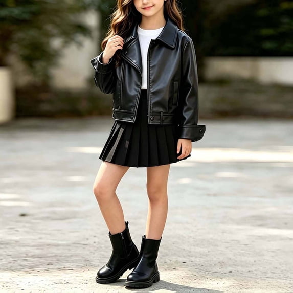YUANxueke Faux Leather Jackets for Girls Zip Up Motorcycle Short Coat PU Fashion Outwear Slim Jacket,Black,2-3 Years