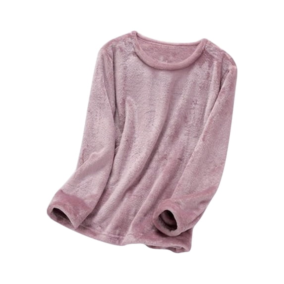 YUANxueke Flannel Long Sleeve Shirts for Women Crewneck Fluffy Pajama Tops Winter Comfy Sleepwear Loungewear,Pink,XL