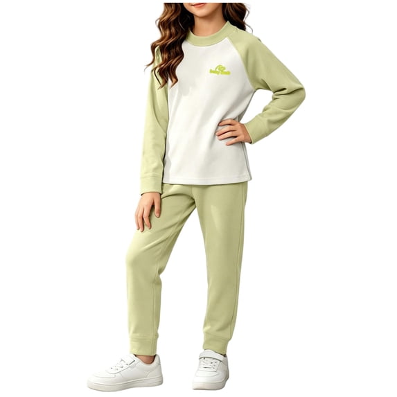 YUANxueke Girls 2-Piece Fleece Outfit Sets Color Block Long Sleeve Crewneck Top & Cuffed Pant Casual Thermal Loungewear