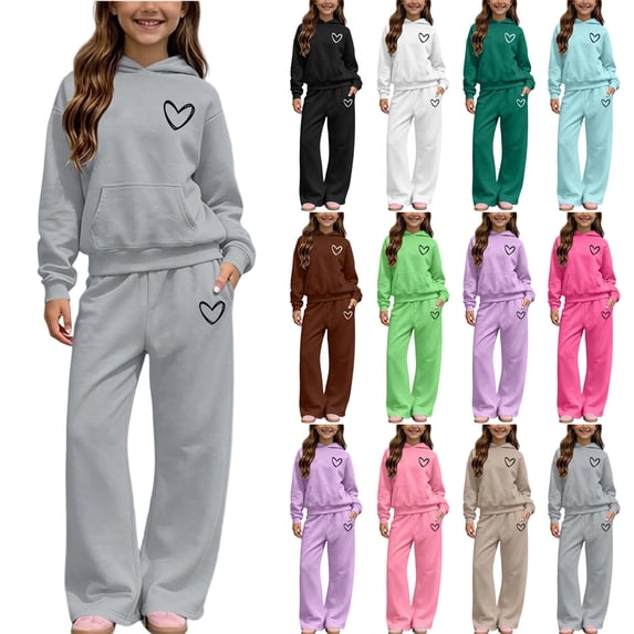 YUANxueke Girls 2-Piece Fleece Warm Sweatsuits Hoodie Pullover Sweatshirt & Wide Leg Pants,Black,Sizes 5-14