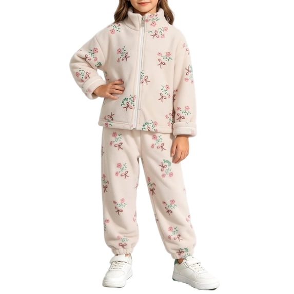 YUANxueke Girls 2 Piece Sherpa Fleece Outfit Sets, Floral Print Stand Collared Jacket & Fuzzy Warm Pants, Cute Fashion Clothing Sets