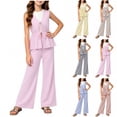thumbnail image 1 of YUANxueke Girls 2-Piece Striped Outfit Sets Sleeveless Crewneck Tie Front Tank Top & Wide Leg Pants Summer Fashion Clothes for 9-16 Years, 1 of 5