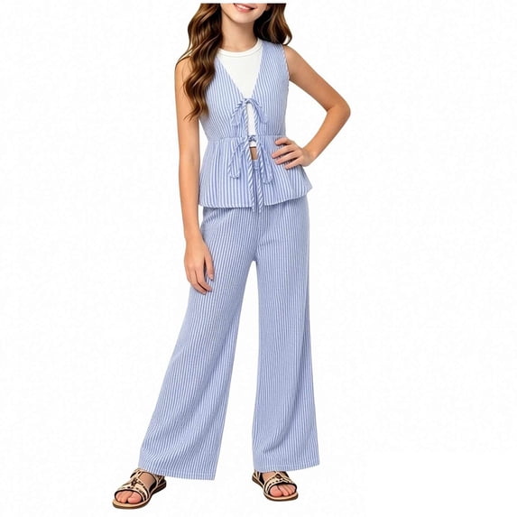 YUANxueke Girls 2-Piece Striped Outfit Sets Sleeveless Crewneck Tie Front Tank Top & Wide Leg Pants Summer Fashion Clothes for 9-16 Years
