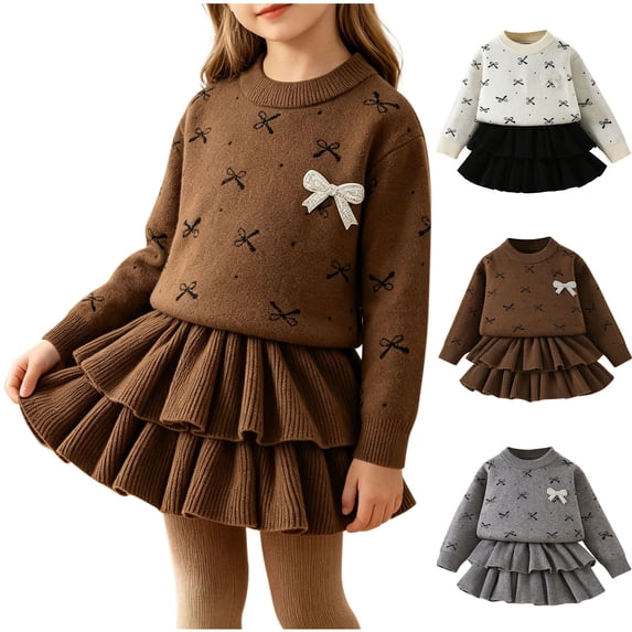 YUANxueke Girls 2-Piece Sweater & Skirts Outfits Bowknot Print Knitted Top & Tiered Pleated Skirt,Brown,Sizes 2-8
