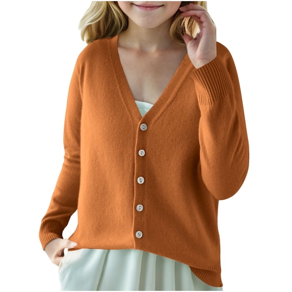 YUANxueke Girls Basic Knit Cardigan Button Down V Neck Sweater School Uniform Fashion Tops with Ribbed Cuffs,Orange,8-9 Years