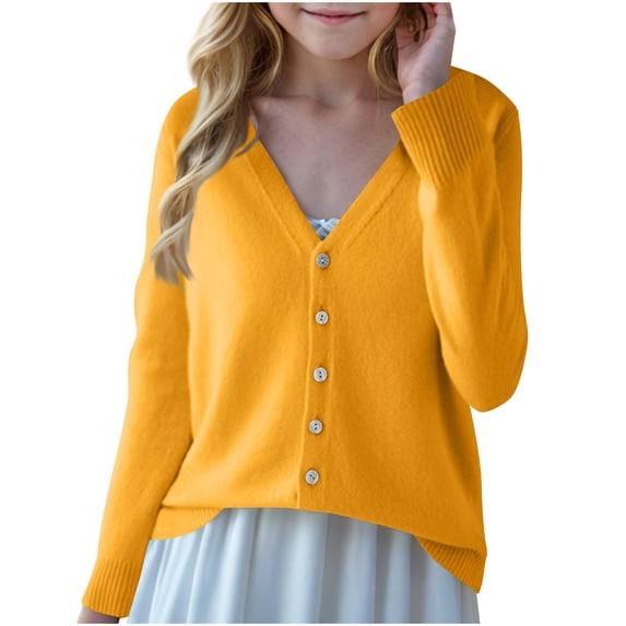 YUANxueke Girls Basic Knit Cardigan Button Down V Neck Sweater School Uniform Fashion Tops with Ribbed Cuffs,Yellow,14-15 Years