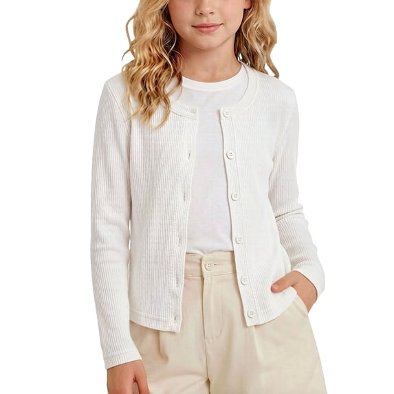 YUANxueke Girls Cardigan Sweater Long Sleeve Button Down Crew Neck Cardigan Ribbed Casual Lightweight Sweater for 0-8 Years