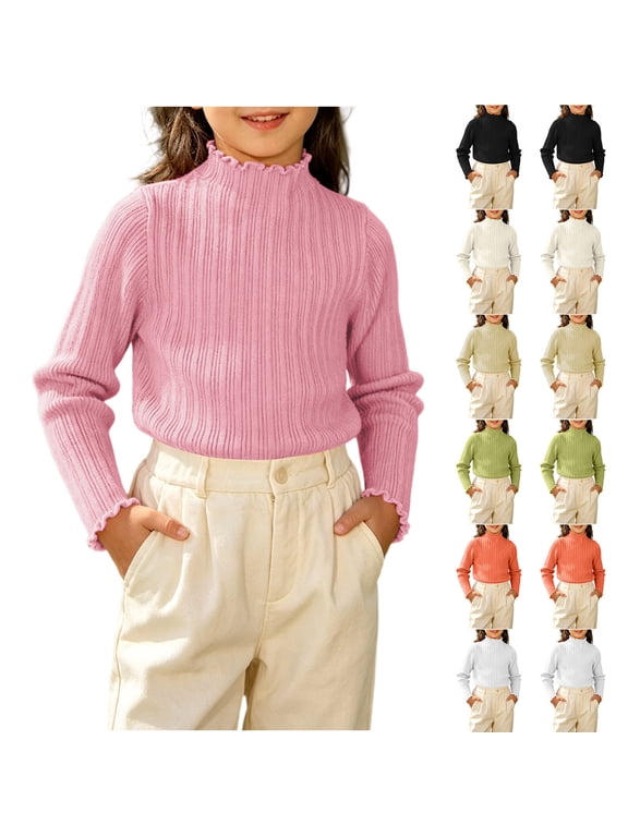 Girls Cotton Shirts Mock Neck Ruffle Trim Long Sleeve Textured Shirts Fashion Warm Comfy Ribbed Tops for 0-12 Years
