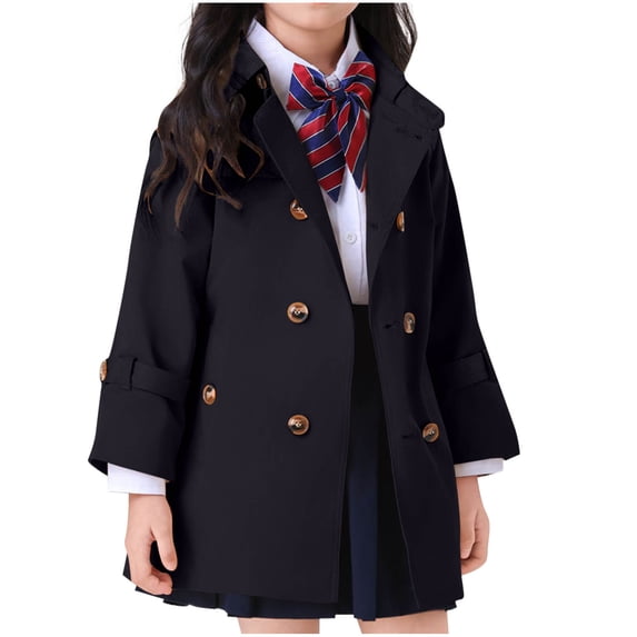 YUANxueke Girls Cotton Trench Coat, Long Sleeve Double Breasted Lapel Overcoat, Fashion Comfy Outwear Jacket,Navy,3-4Years