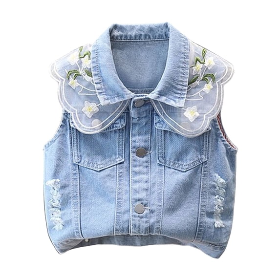 YUANxueke Girls Denim Vest Lace Trim Sleeveless Collared Waistcoat Top Casual Jean Jacket with Pockets for 18M-14Y