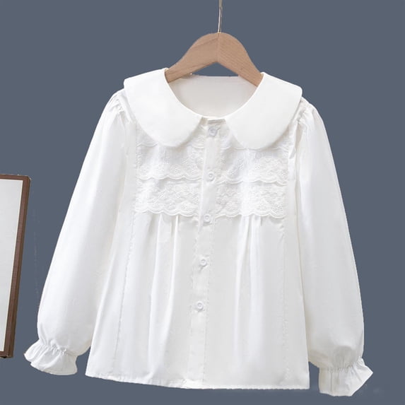 YUANxueke Girls Doll Collared Shirts Lace Trim Long Sleeve Button Down Shirts Elegant Fashion Cotton Blouse for 3-14 Years
