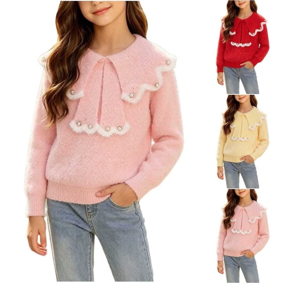 YUANxueke Girls Doll Collared Sweater, Fashion Bowknot Long Sleeve Crewneck Knitted Tops, Casual Pullover Outwear Tops