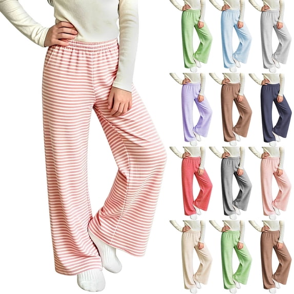 YUANxueke Girls Elastic Waist Pants Casual Striped Outdoor Straight Leg Soft Comfy Trousers for 4-16 Years