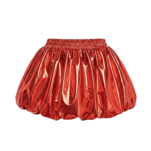 YUANxueke Girls Festive Metallic Glossy Bubble Skirt, Elastic Waist Mini Skirt with Built in Shorts,Red,12-13 Years