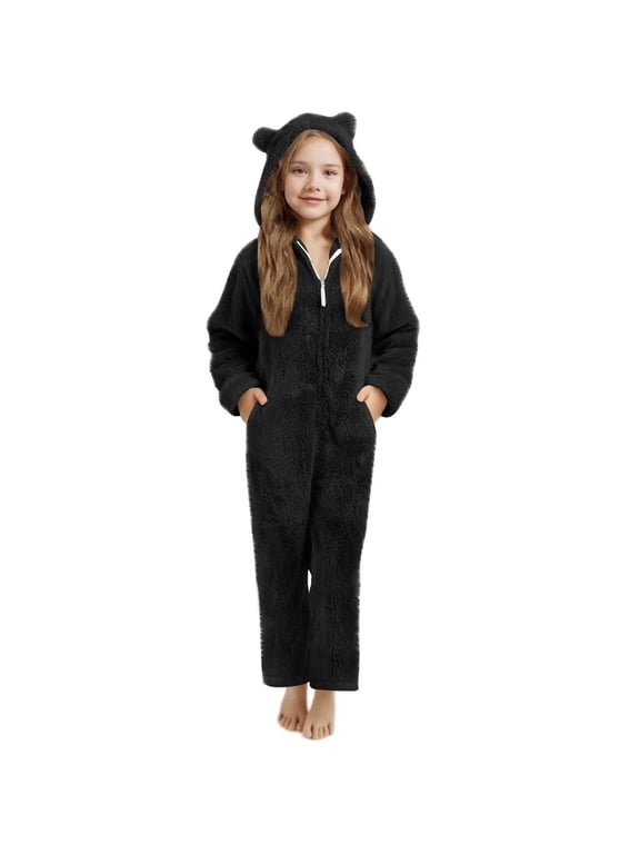 Girls Fleece Jumpsuits Long Sleeve Hooded Zip Up Fuzzy Romper Cute Warm Clothes Sleepwear with Pockets for 5-15 Years
