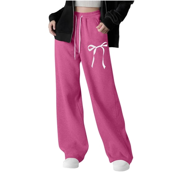 YUANxueke Girls Fleece Lined Sweatpants Bow Graphic Drawstring Waist Wide Leg Warm Pants for 5-15 Years