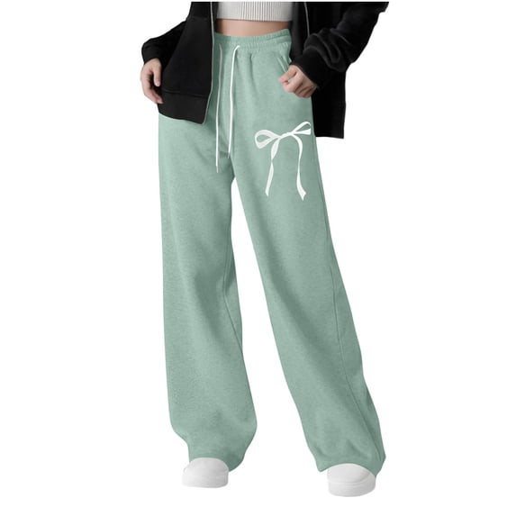 YUANxueke Girls Fleece Lined Sweatpants Bow Graphic Drawstring Waist Wide Leg Warm Pants for 5-15 Years