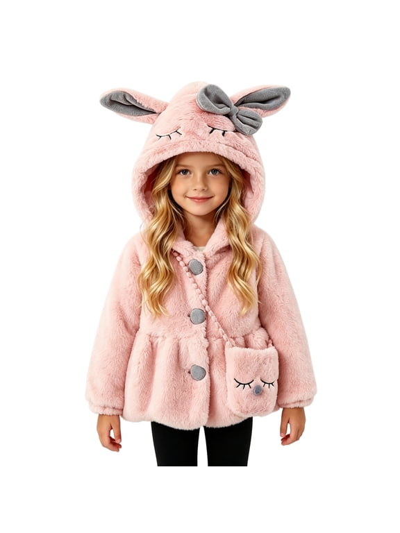 Girls Fuzzy Fleece Jackets, Button Up Bunny Ear Hoodie Jackets, Cute Warm Fall Winter Outwear Coat,Pink,3-4Years