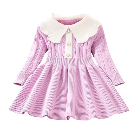 YUANxueke Girls Long-Sleeve Cable Knit Sweater Dress, Fashion Scalloped Doll Collar Buttons Dress,Pink,6 Years