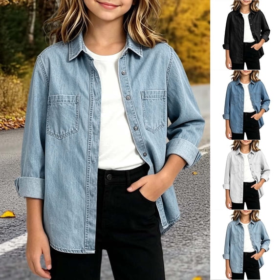 YUANxueke Girls Long Sleeve Denim Jackets Button Down Collared Jean Shirts with Chest Pockets,White,9-10 Years