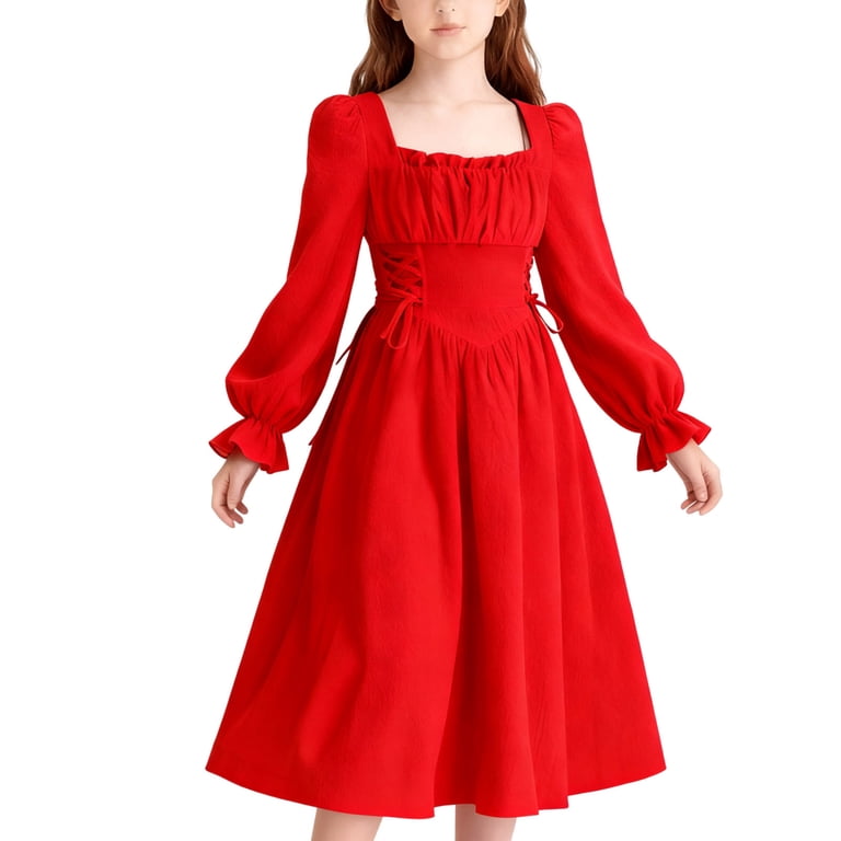 cinch wasit long sleeve midi dress YUANxueke Girls Long Sleeve Dress Square Neck Flowy A-Line Midi Dress Cinch  Waist French Vintage Elegant Dress for 8-15 Years