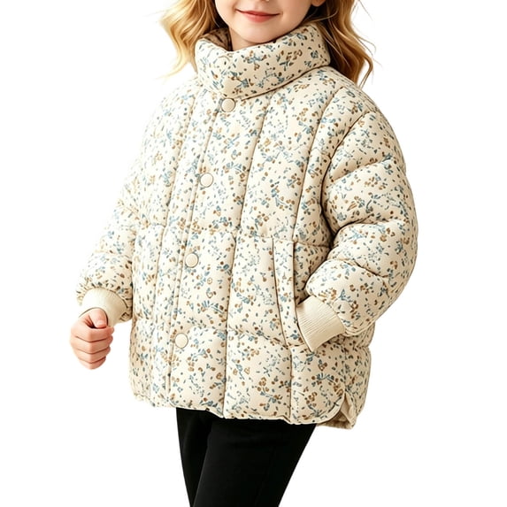 YUANxueke Girls Printed Puffer Jacket Long Sleeve Button Down Stand Collar Thickened Warm Winter Jacket,Blue,3-4Years