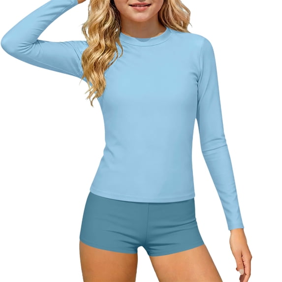 YUANxueke Girls Rash Guard Swimsuits 2 Pieces Long Sleeve Bathing Suits & Shorts Summer Hawaii Beach Vacation Swim Sets for 3-14 Years