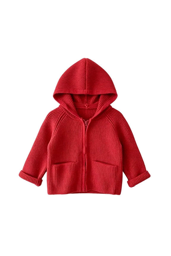 Girls Ribbed Jackets Full Zip Raglan Sleeve Coat with Pom Hood Cute Warm Outdoor Jackets with Pockets,Red,18-24Month