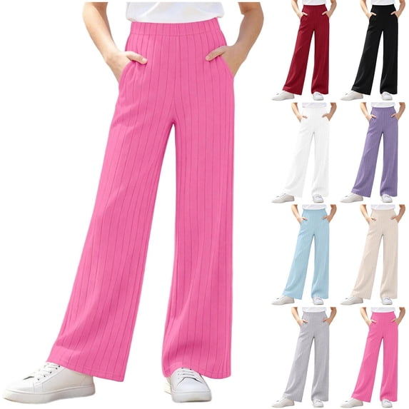 YUANxueke Girls Ribbed Knit Pants Casual Soft Comfy Elastic Waist Wide Leg Pants with Pockets for 5-15 Years