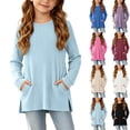 thumbnail image 1 of YUANxueke Girls Ribbed Knit Tunic Tops with Side Pockets Crewneck Long Sleeve Side Split Hem Casual Tops for 5-15 Years, 1 of 6
