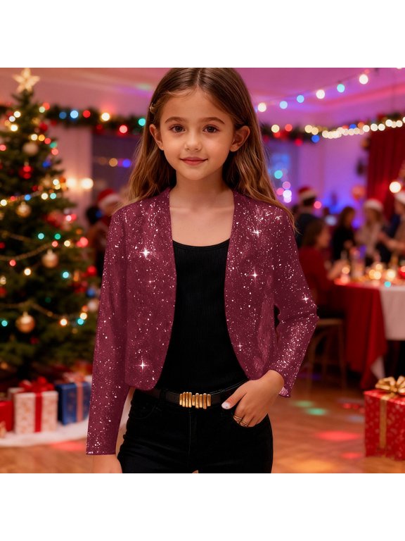 Girls Sequin Sparkling Jacket Open Front Long Sleeve Crop Tops Party Dress Cover Up,Wine,7 Years