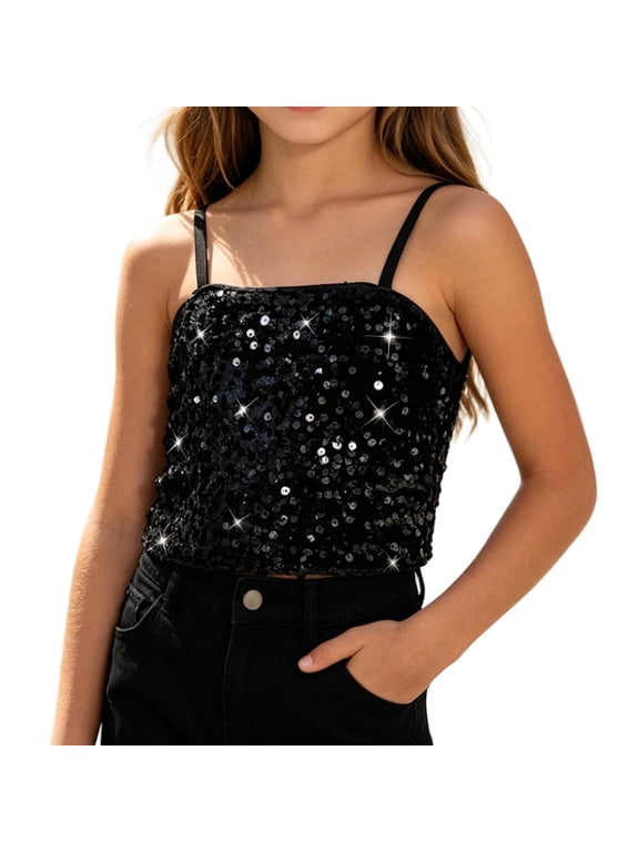 Girls Sequin Tank Top Sleeveless Sparkly Spaghetti Strap Crop Top Glitter Dancing Shirts Cami Tops for 2-16 Years
