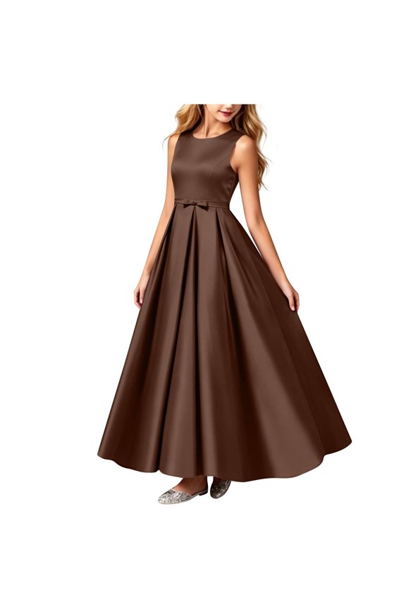 Girls Sleeveless Hi-Lo Satin Dress Pleated A-Line Maxi Princess Dress Wedding Elegant Ball Gown Dresses for 0-15 Years