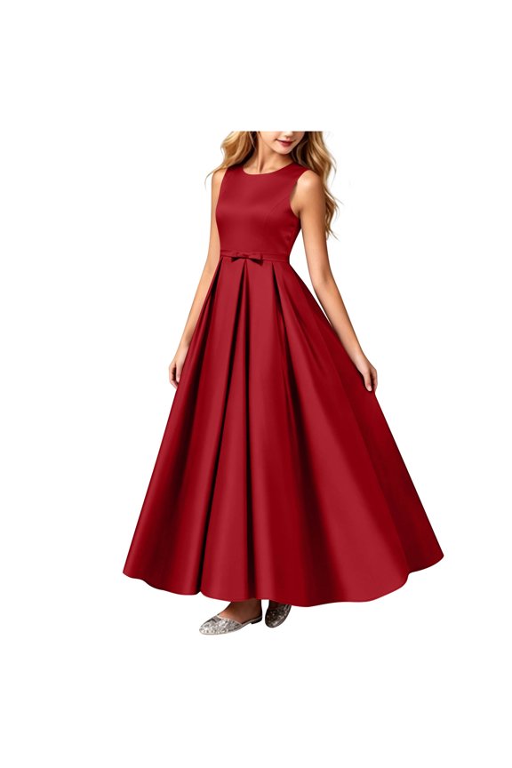 Girls Sleeveless Hi-Lo Satin Dress Pleated A-Line Maxi Princess Dress Wedding Elegant Ball Gown Dresses for 0-15 Years