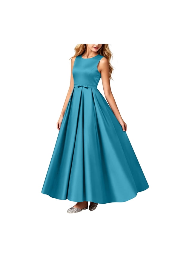 Girls Sleeveless Hi-Lo Satin Dress Pleated A-Line Maxi Princess Dress Wedding Elegant Ball Gown Dresses for 0-15 Years