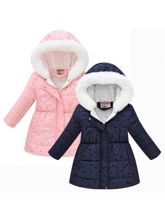 Girls Star Printed Fuffer Jackets Long Sleeve Peplum Padded Coat with Faux Fur Trim Hood Fashion Warm Outwear,Black,4 Years