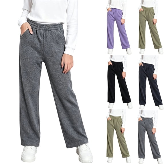 YUANxueke Girls Straight Leg Pants Elastic Waist Loose Fit Fall Winter Pants with Pockets,Black,Sizes 3-13