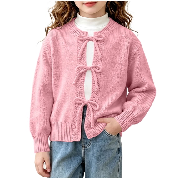 YUANxueke Girls Sweet Three Bow Knit Cardigan, Puff Sleeve Open Front Sweater, Soft Warm Knit Jacket Daily Wear
