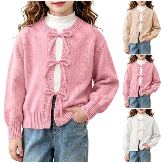 YUANxueke Girls Sweet Three Bow Knit Cardigan, Puff Sleeve Open Front Sweater, Soft Warm Knit Jacket Daily Wear