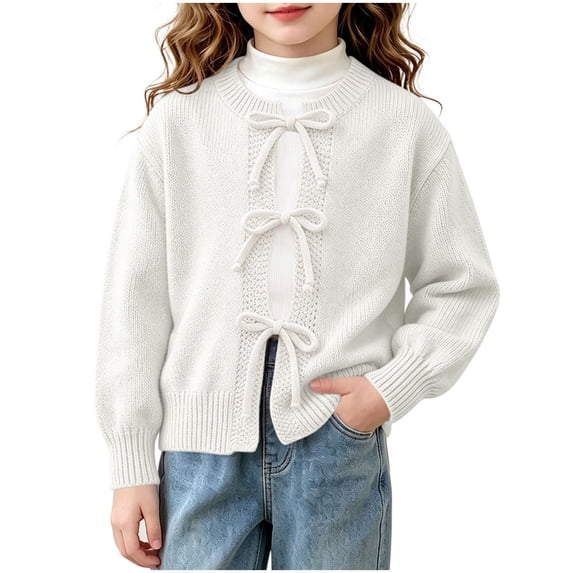 YUANxueke Girls Sweet Three Bow Knit Cardigan, Puff Sleeve Open Front Sweater, Soft Warm Knit Jacket Daily Wear