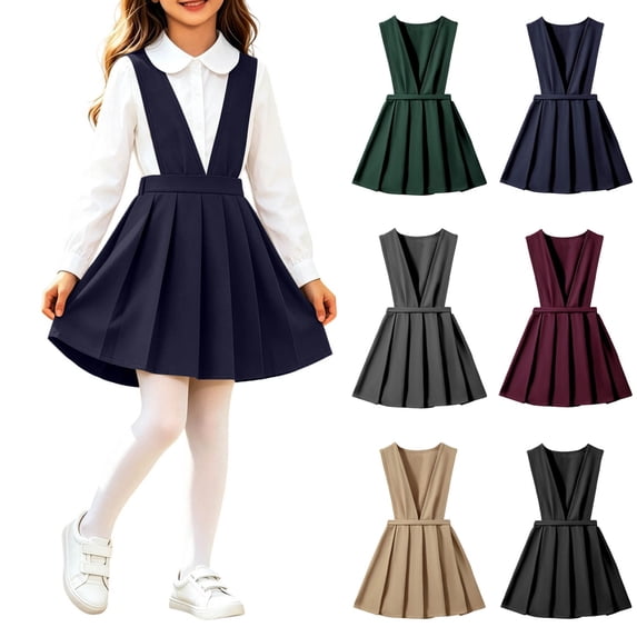 YUANxueke Girls V Neck Pleated Suspender Skirt, Solid Color Sleeveless High Waist Dress, Kids School Uniform Class Outfits